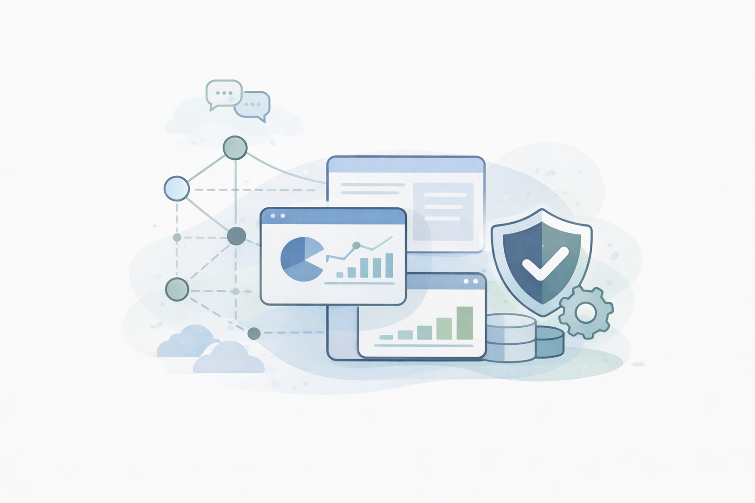 Abstract illustration representing interconnected research software systems, data flows, and collaboration across projects.